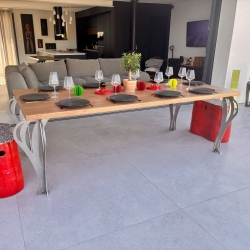 Table bois exotique avec Pied de table inox