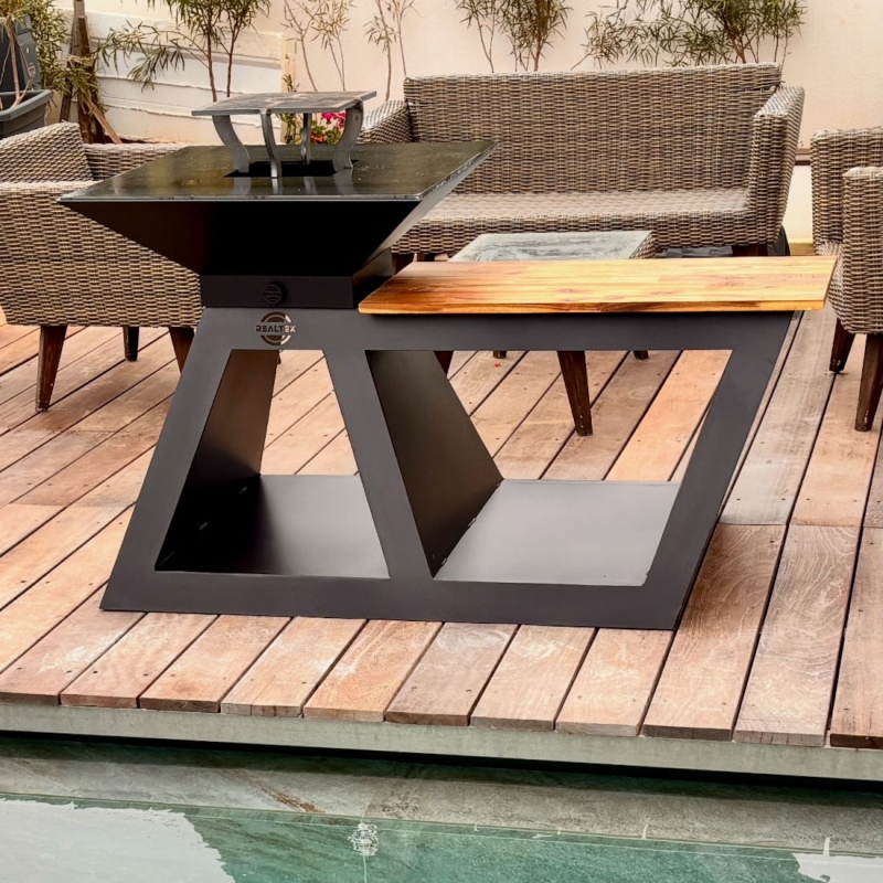 Braséro 68cm avec planche intégrée design: Socle Acier + Cuve et plaque Acier 8mm + planche