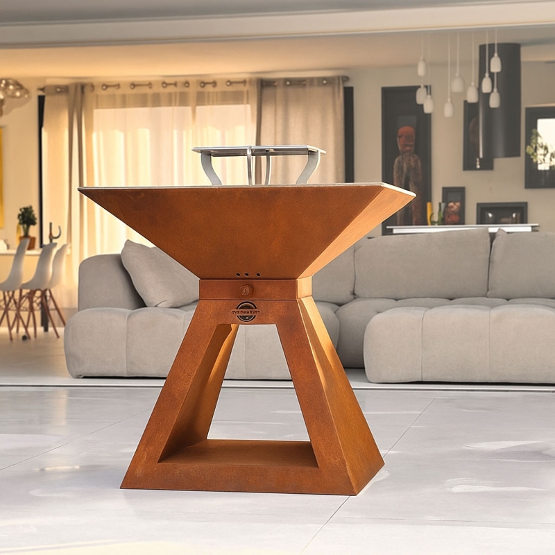 Braséro Design Corten entier 68cm:  Socle Corten + Cuve Corten et plaque Acier + Grille Acier
