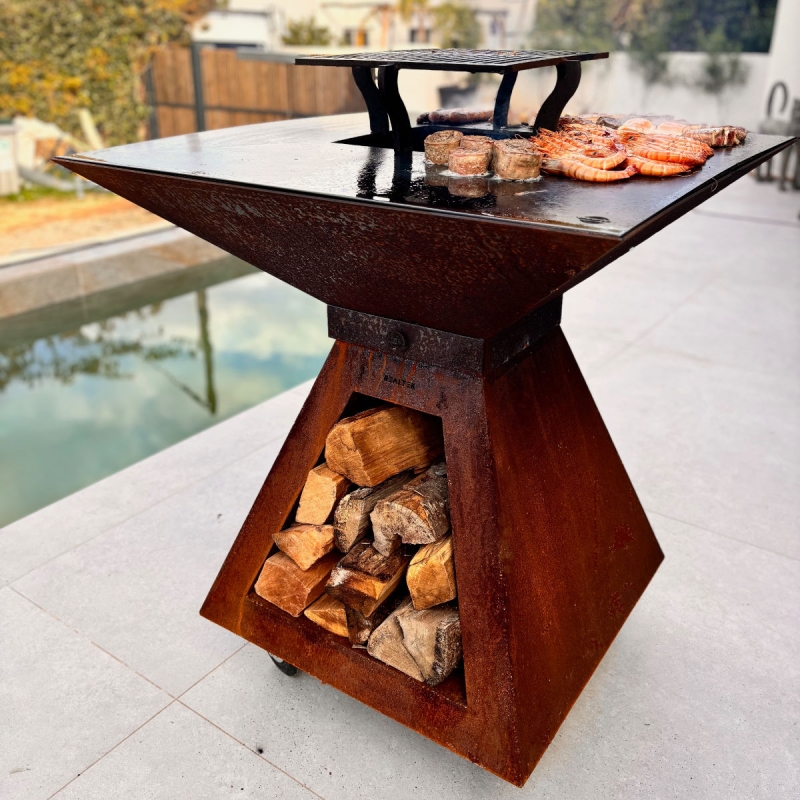 Braséro Design Corten entier 90cm:  Socle Corten + Cuve Corten et plaque Acier + Grille Acier REALTEK - 2