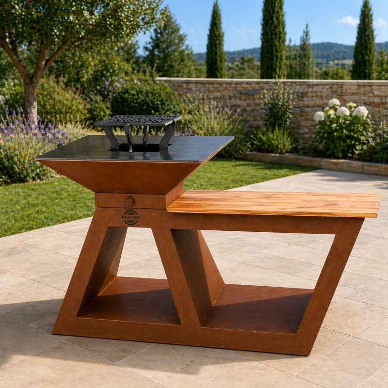 Braséro Barbecue Design avec planche intégrée en Corten REALTEK