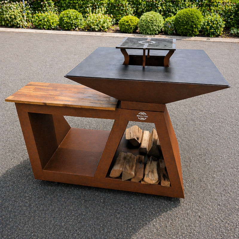 Braséro Barbecue Design avec planche intégrée en Corten REALTEK cuve 90cm