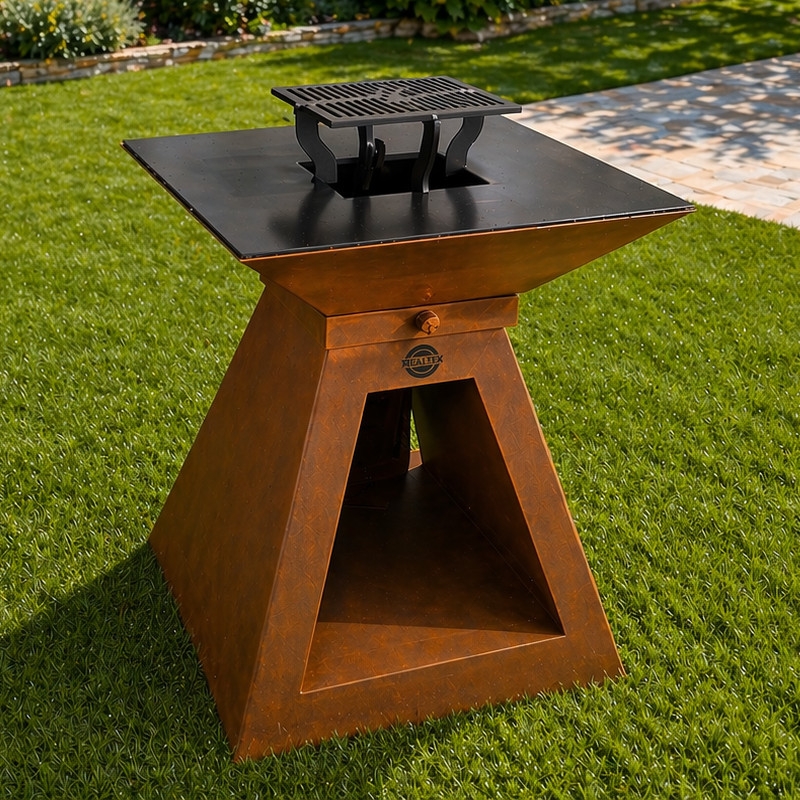 Braséro Design Corten entier 70cm: Socle Corten + Cuve Corten et plaque Acier + Grille Acier